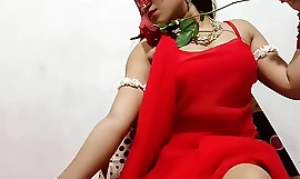 Best Horny Bhabhi From Indian Origin In Red Sari Celebrating Gorge oneself Showing Big Desi Gut